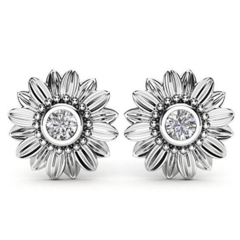 STERLING SILVER DIAMOND SUNFLOWER STUD EARRINGS, nice Earrings, cute Earrings - Picture 1 of 4
